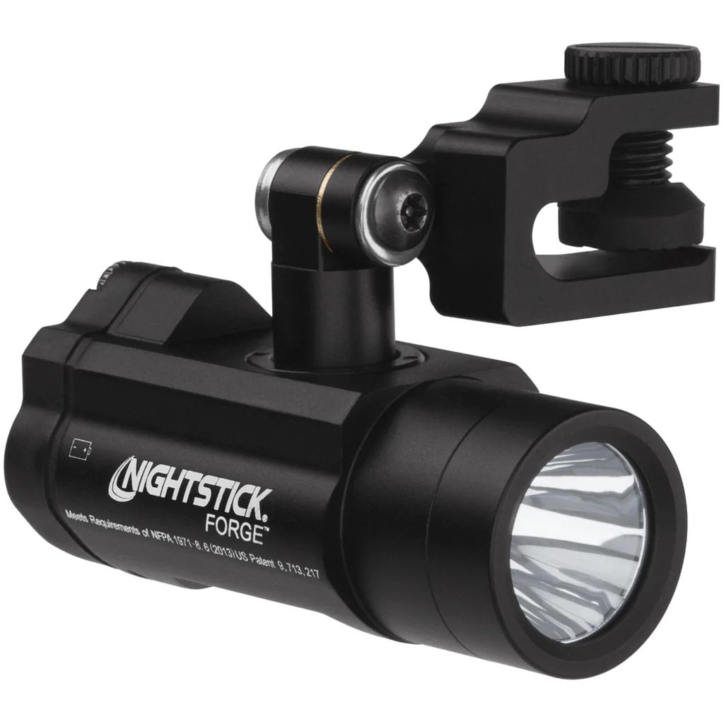 Nightstick FORGE Helmet Mounted Multi-Function Flashlight in Black has a 360-degree adjustable mount